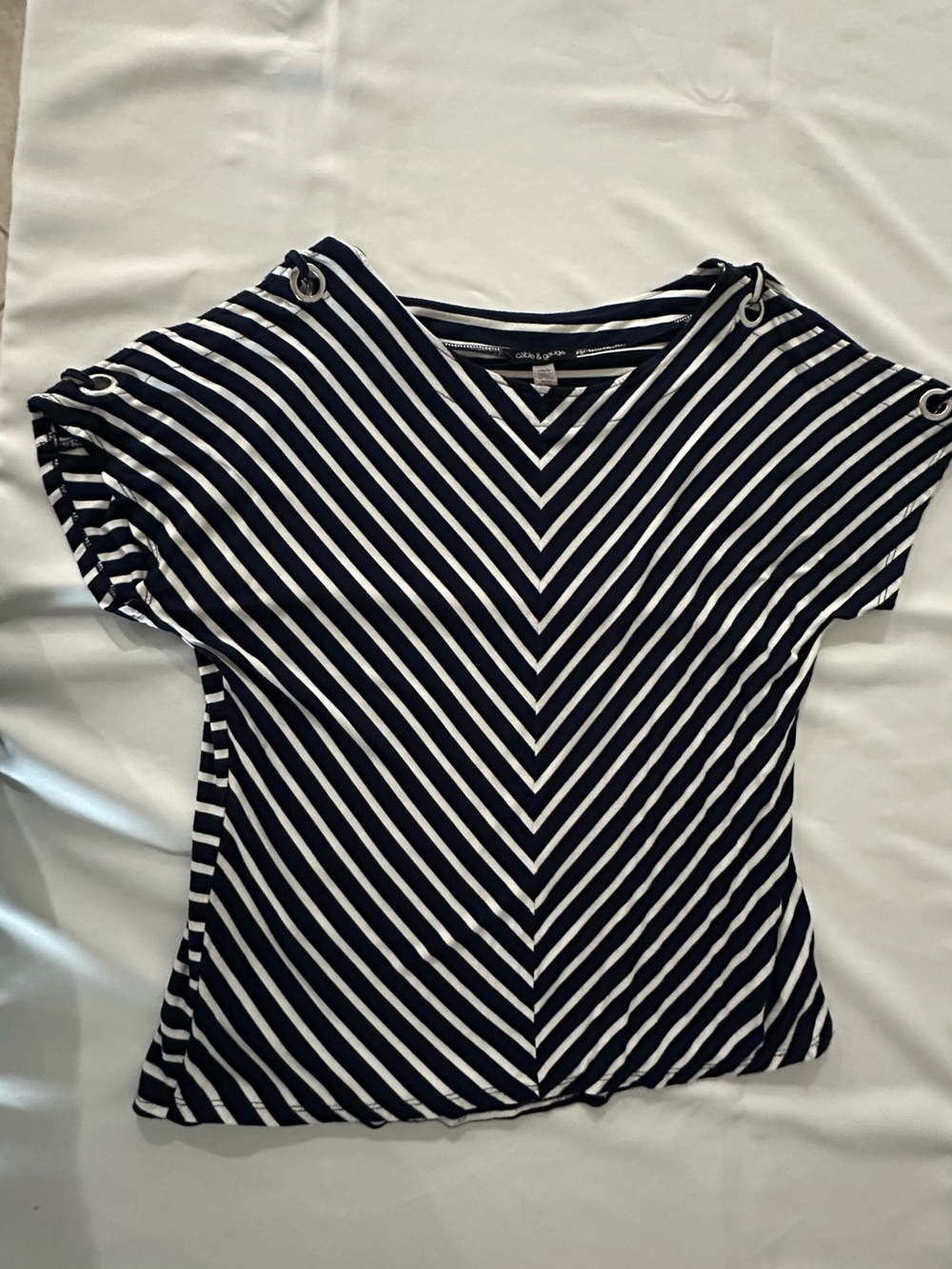 Cable & Gauge Navy & White Striped V-Front Short Sleeve Top with Grommets
